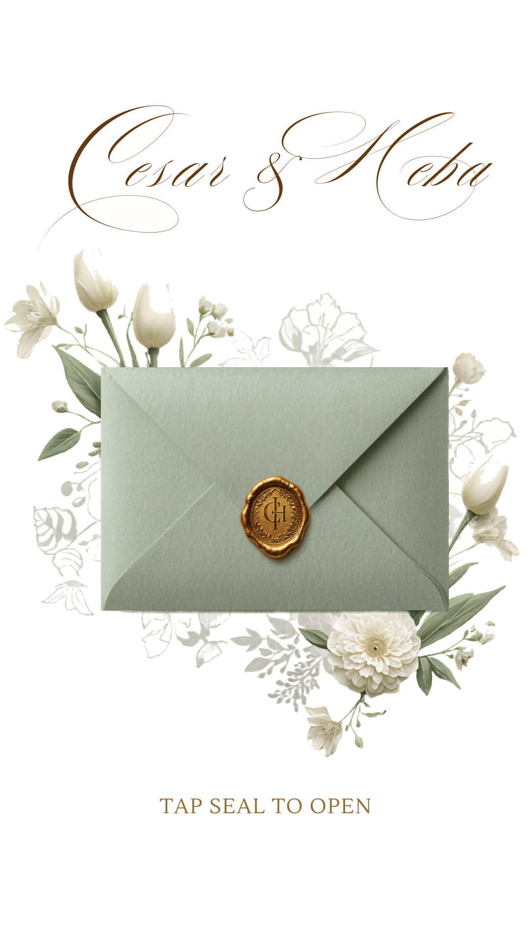 Sage envelope sealed with a gold wax monogram surrounded by white tulips and roses, with the calligraphy 'Cesar and Heba' above